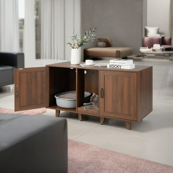 Pefilos 47" Litter Box Enclosure for 2 Litter Boxes, Hidden Cat Washroom with 2 Cabinet House, Scratching Board, Indoor Cat Litter Furniture, Gray