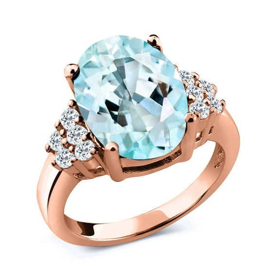 Gem Stone King 6.58 Ct Oval Sky Blue Topaz White Topaz 18K Rose Gold Plated Silver Ring (Size 8)