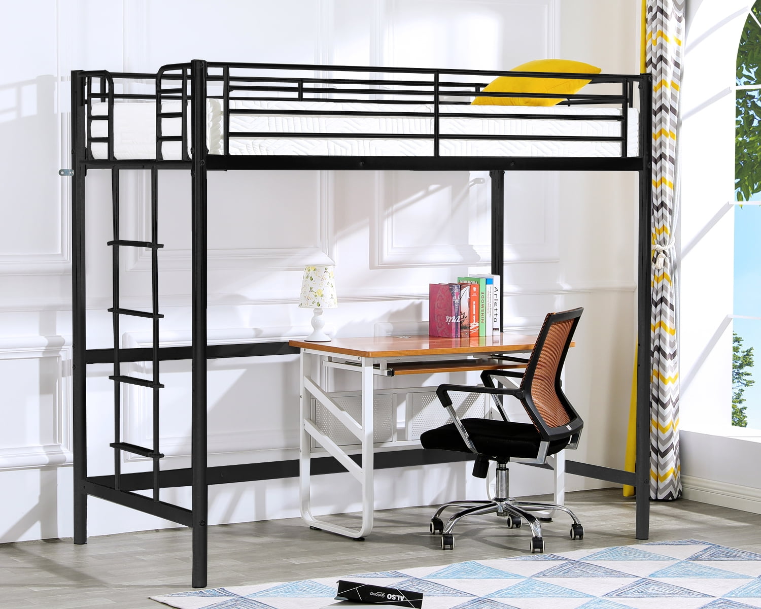VINGLI Metal Loft Bed with Stairs and Flat Rung, Junior Loft Bed Twin