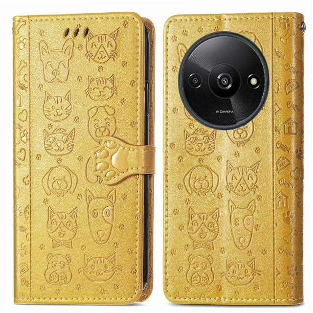 Funda Cartera FOXDOCK para Xiaomi Redmi A3 , Flip PU con Relieve de Gatos y Perros, Tarjetero y Soporte