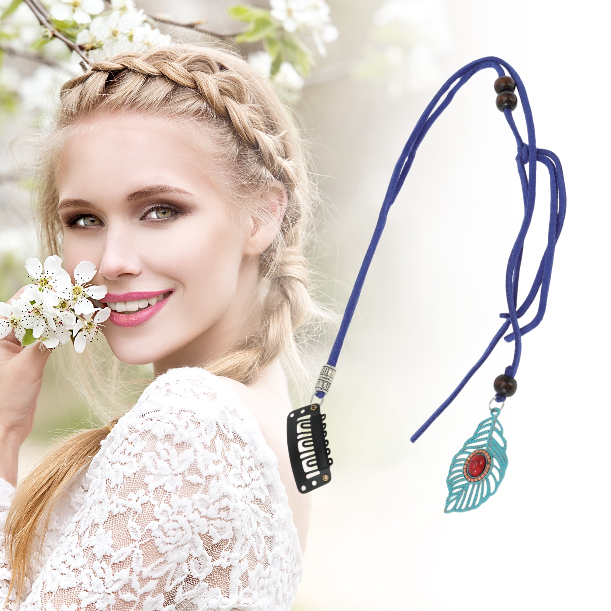 Unique Bargains Elegant Leaf Braided Hair Chain 1Pc Stylish Accessory Dark Blue 11.81"