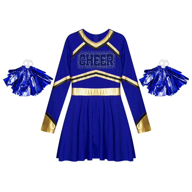 Alvivi Girls Cheerleading Uniform Long Sleeve Letter Print Dress with  Pompoms Fancy Cheer Outfits Blue 8 - Walmart.com
