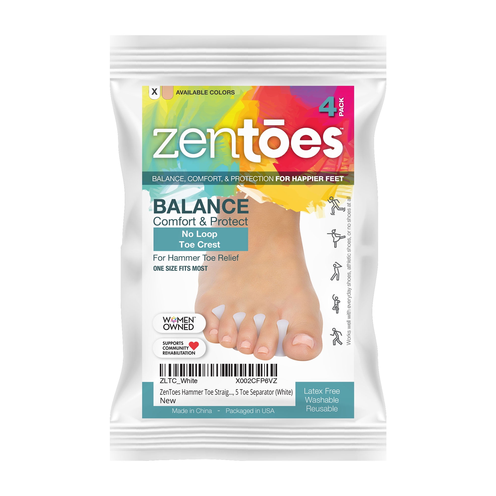 ZenToes Hammer Toe Straightener Crest with No Loop 4 Count Gel Spacer