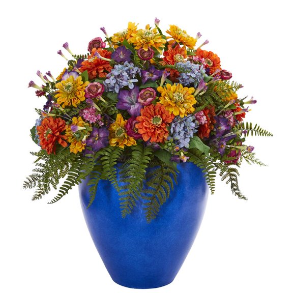 Nearly Natural Giant Mixed Floral Artificial Arrangement in Blue Vase