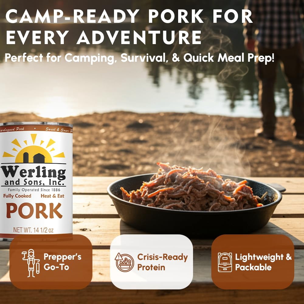 Werling & Sons Canned Pork 14.5 Oz – Fully Cooked, Heat & Serve | Premium Shelf-Stable Canned Meat | 5-Year Shelf Life | Ideal for Emergency, Survival, Camping & Quick Meals | Pack of 6 | Made in USA