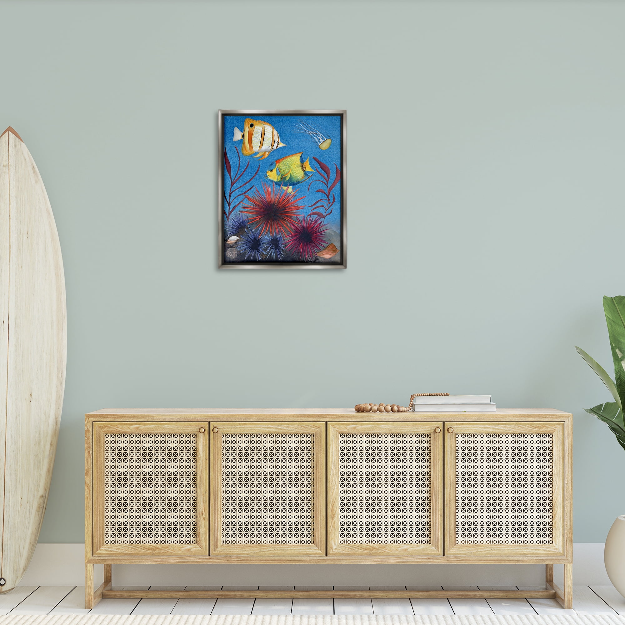 Stupell Industries Seafaring Fish & Urchins Animals Painting Gray Floater Framed Canvas Art Print Wall Art, 25 x 31