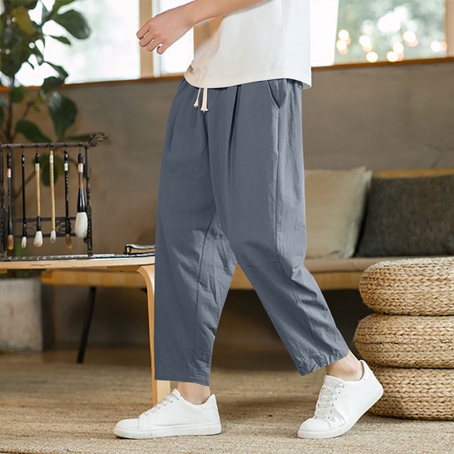 Yusimy Men's Casual Pants Elastic Waist Drawstring Solid Color Pocket Casual Style