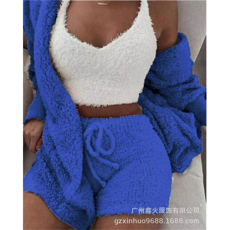 

2022 Fashion Women s Flannel Velvet Pajamas Set Sexy Crop Top+Shorts+Coat 3 Pieces Suit Sleepwear Casual Soft Homewear Pyjamas