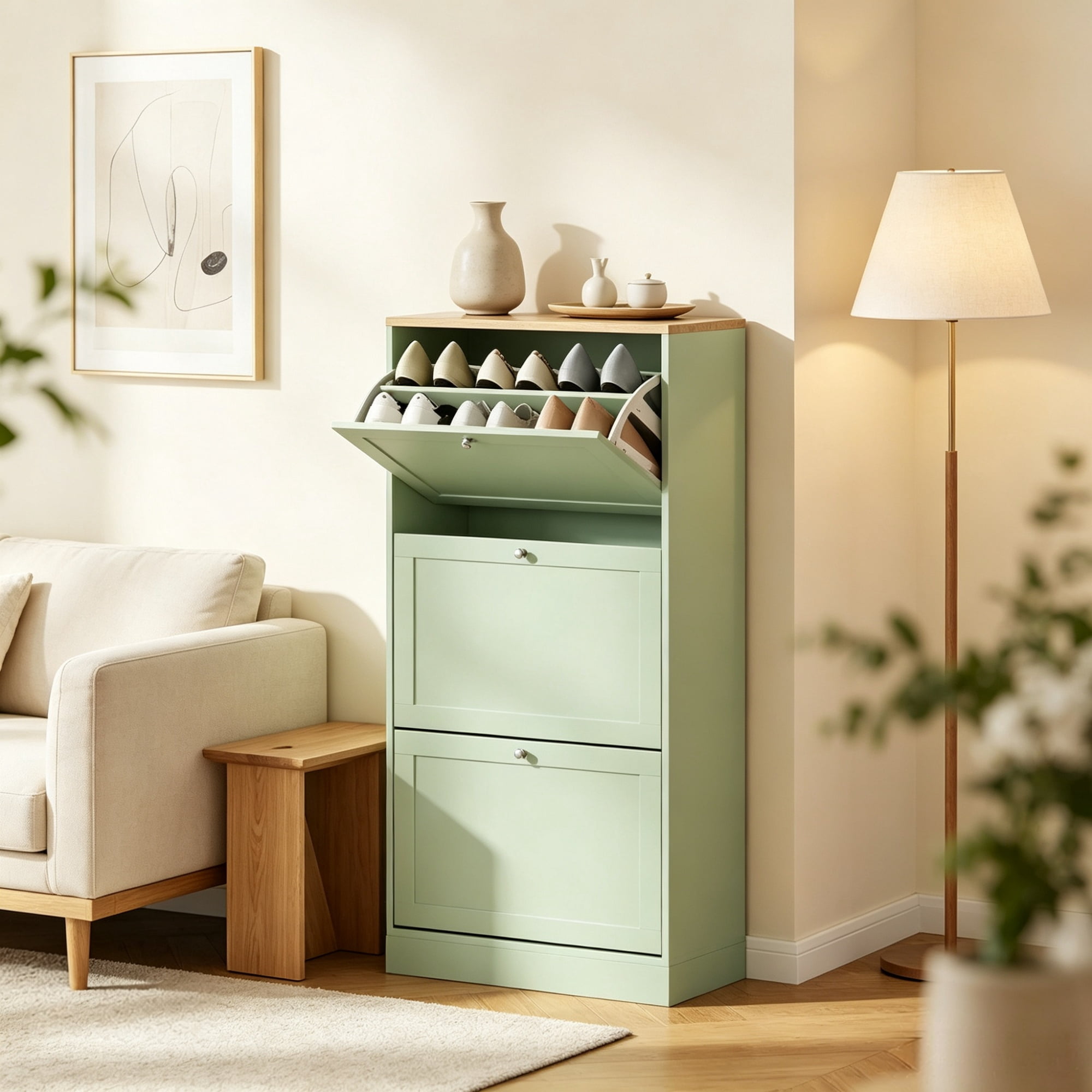 Modern Shoe Storage Cabinet, Entryway Shoe Organizer with 3 Flip Drawers & Adjustable Shelves, Space-Saving Shoe Rack Holds 12-18 Pairs, Hallway & Foyer, Green