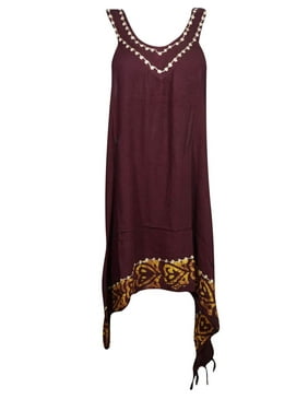 Mogul Women Tank Dress Brown Solid Gypsychic Beach Boho Sleevless Dresses S/M