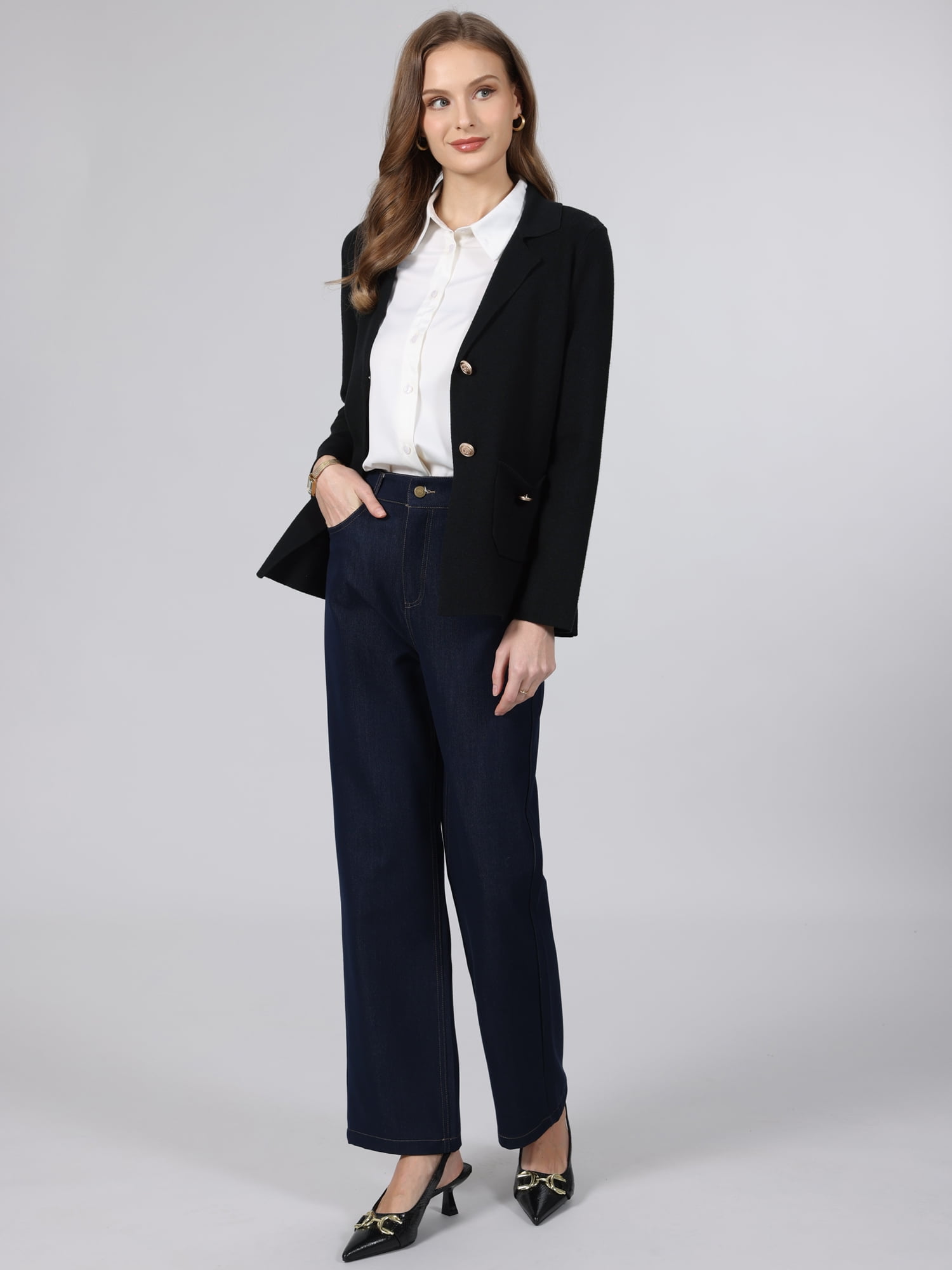 DARING DIVA Women's Sweater Blazer Lapel Knit Pockets Blazer M Black