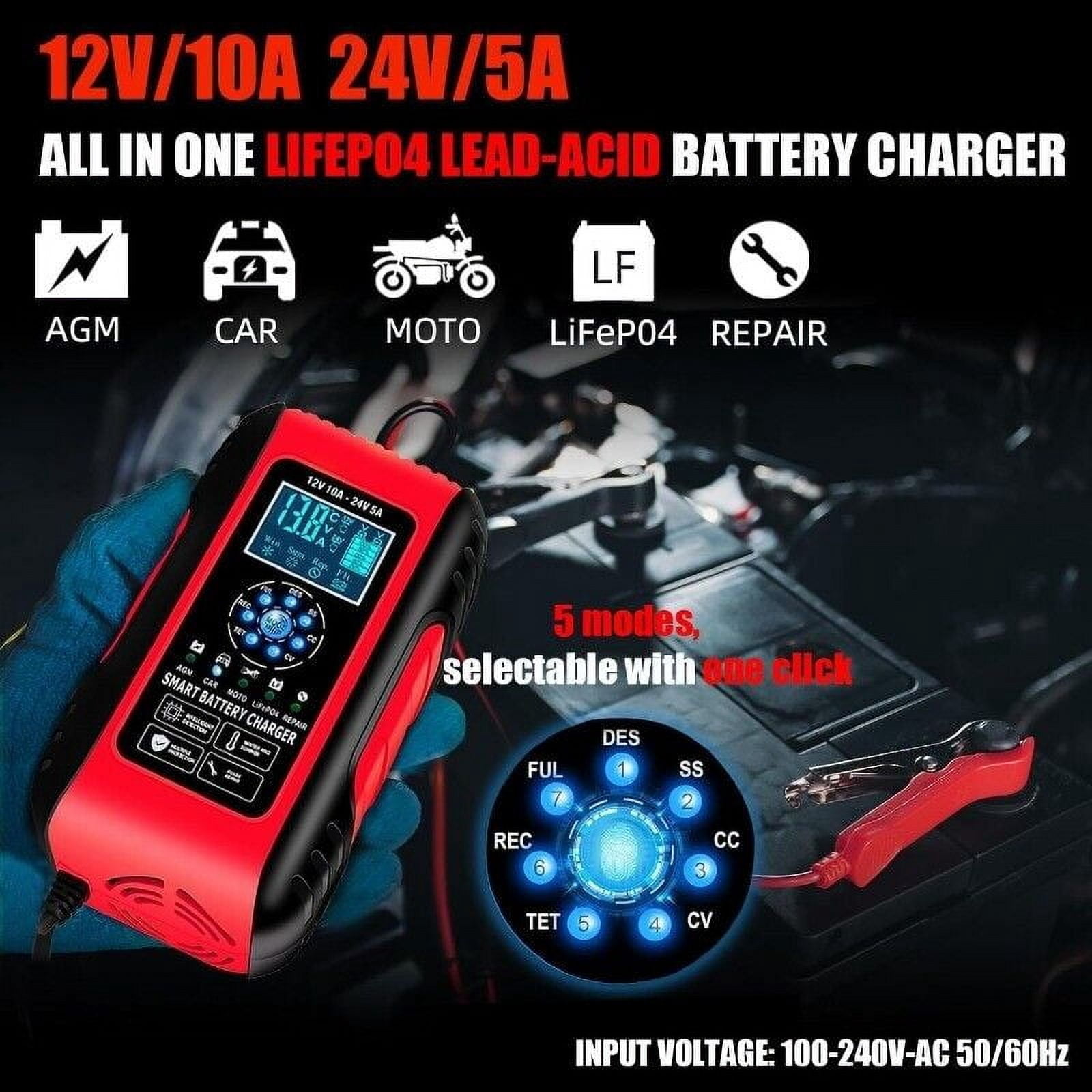 10A Car Battery Charger 12V/24V for Auto Motorcycle AGM Lifepo4 Lead Acid