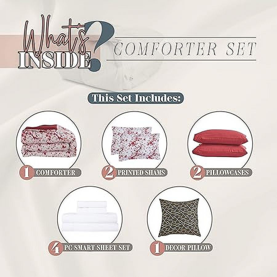 Elegant Comfort Reversible 10-Piece Comforter Set, Tie-Dye Print, Decorative Pillow and Fitted Sheet with Smart Pockets, Soft, Plush, Lightweight Material, 10pc Tie-Dye Set, Full, Burgundy
