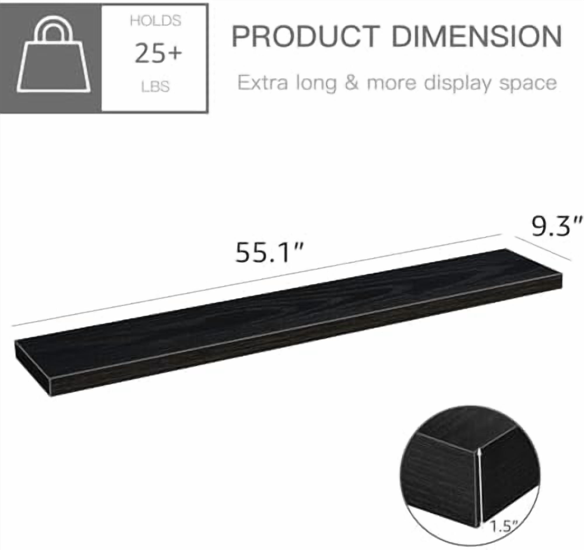 Floating Shelves for Wall 55.1" Extra Long - Wall Mounted Shelf Bathroom Kitchen Living Room Bedroom Farmhouse Home Decor Display Bookshelf Large 55.1 x 9.3 inch Set of 2, Black (008-140B)