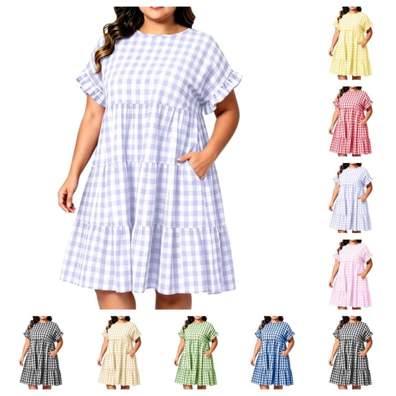 SAWOBUUN Womens Plus Size Plaid Tiered Midi Dress Short Sleeve Crew Neck Casual Loose Fit Dress Gingham Casual Summer Sundress