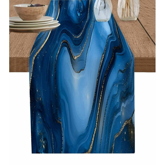 Marble Blue Table Runner-Cotton Linen- 108 Inch Holiday Dresser Scarves, Gradient Star Sky Abstract Watercolor Gold Tablerunner for Kitchen Coffee/Dining Bedroom Living Room Dinner Scarf Décor 13x108