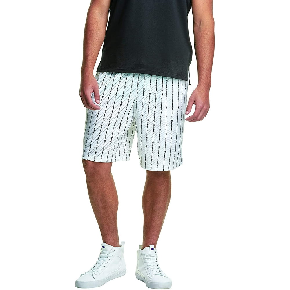 Champion - Champion Mens Long Mesh Shorts with Pockets, L, White Logo Pinstripe Vertical