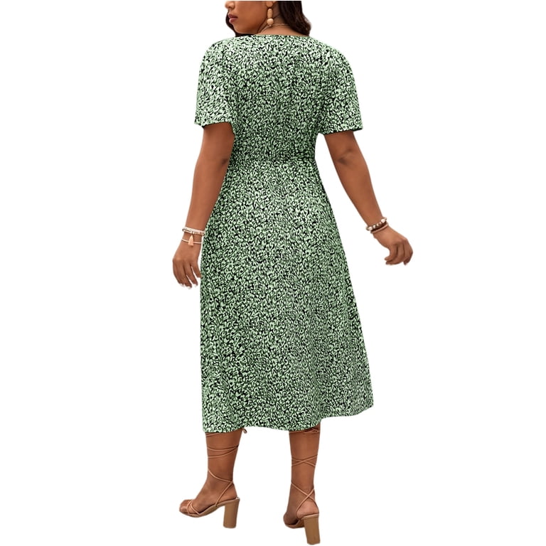 green leopard midi dress Dorothy Perkins Women's Green Leopard Shirred Waist Short Sleeve Jersey Midi Dress | Size: 10