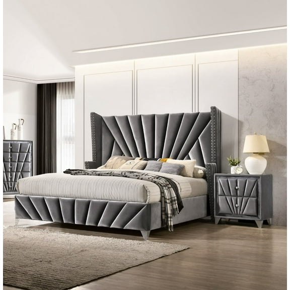 Vintage 3pc Bedroom Furniture Eastern King Size Bed Set 2x Nightstands Gray Fabric Upholstered Frame Wingback HB