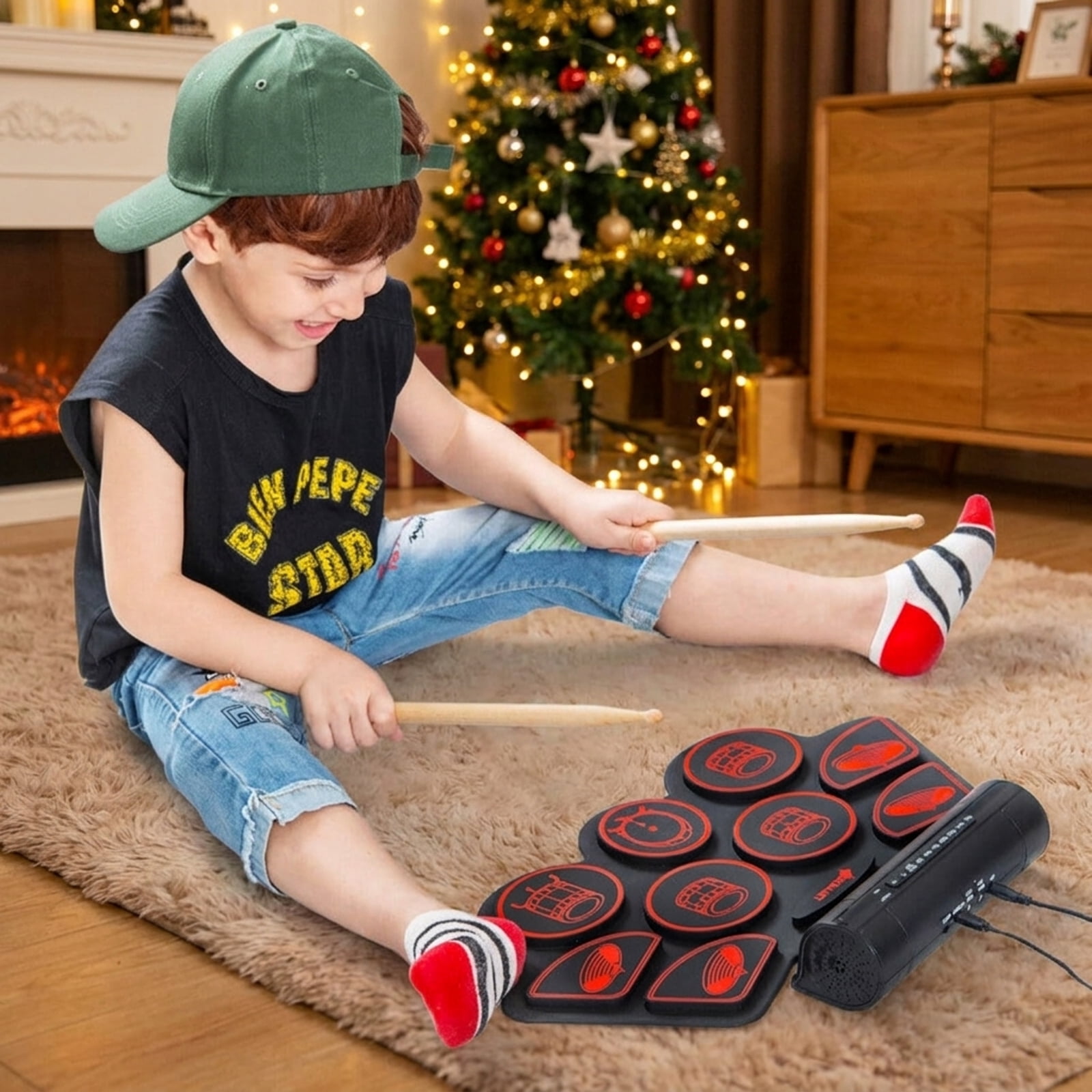 Redsmile Electronic Drum Set with 2 Built-In Stereo Speakers, Foot Pedal and Recording Function for Kids, Red