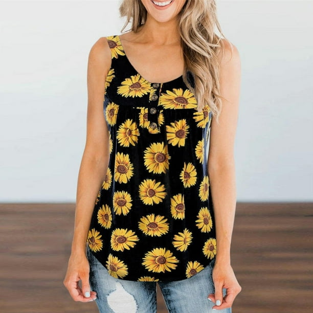 Womens Sleeveless Sunflower Print Tank Button Shirt 
