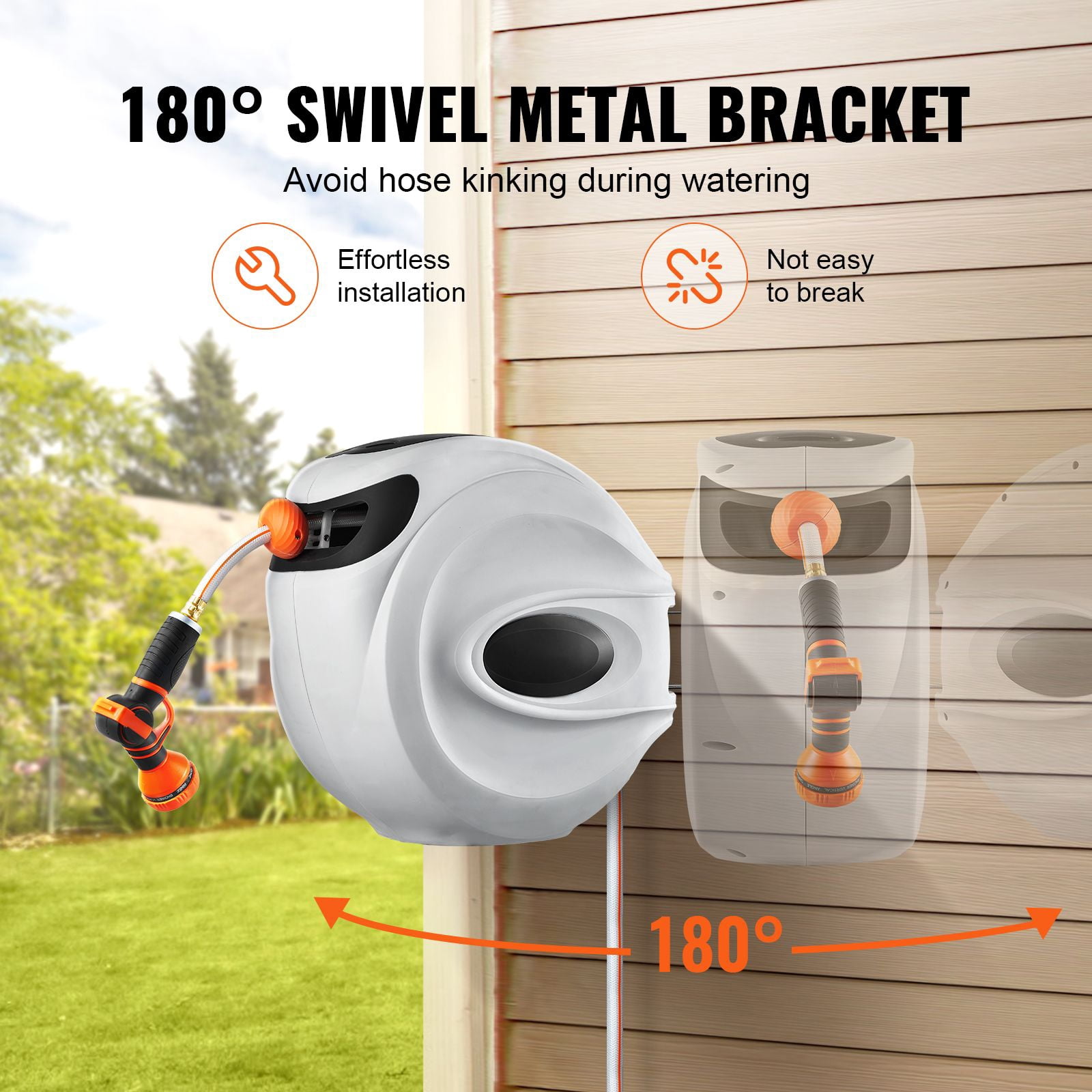 115 ft Retractable Hose Reel, Length of Hose 115 feet, Lock at Any Length, Stay Locked in Position, Garden Water Hose Reel with 9-Pattern Nozzle, for home office apartment bedroom and small space use