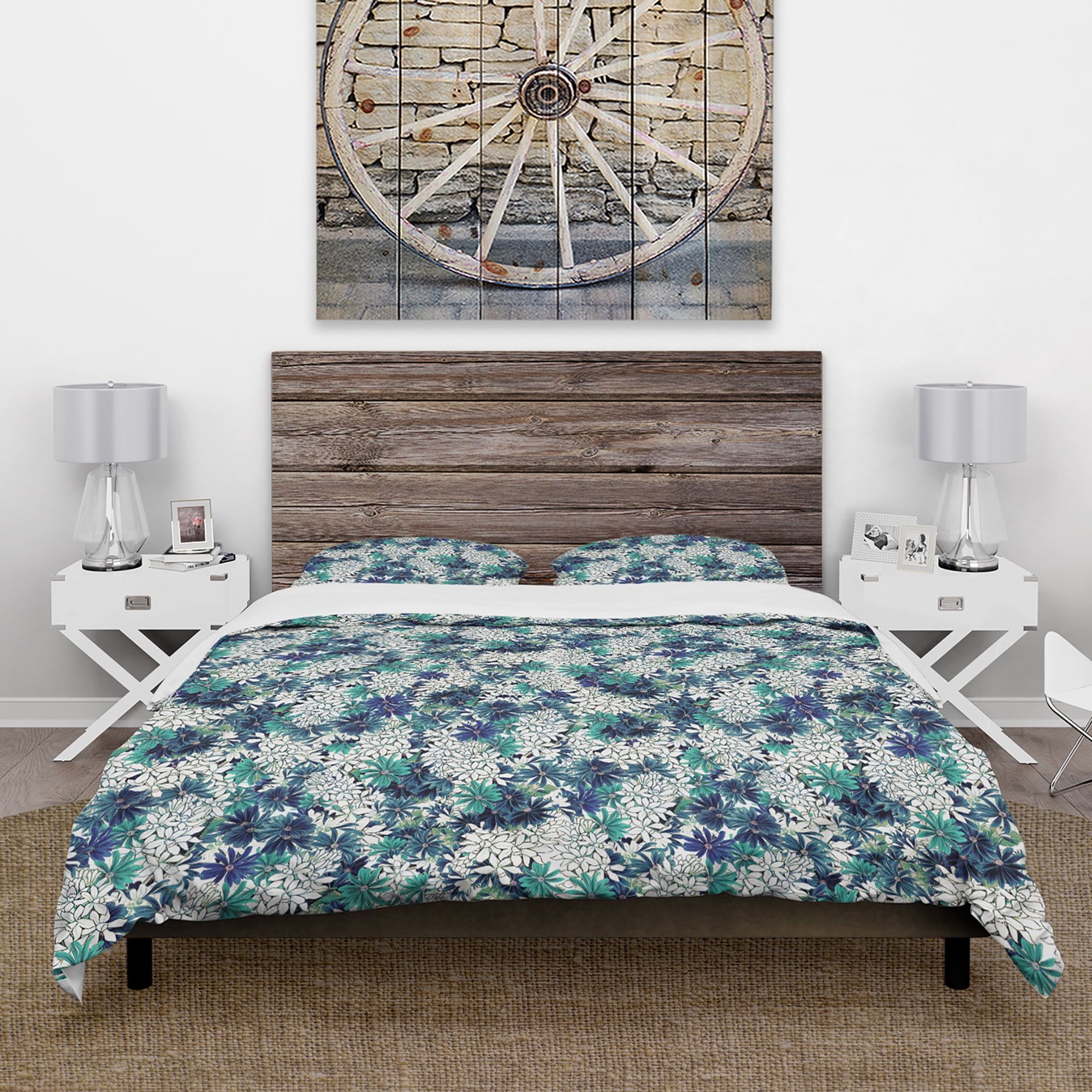 Designart 'Turquoise and White Ocean Of Flowers' Floral Duvet Cover Set