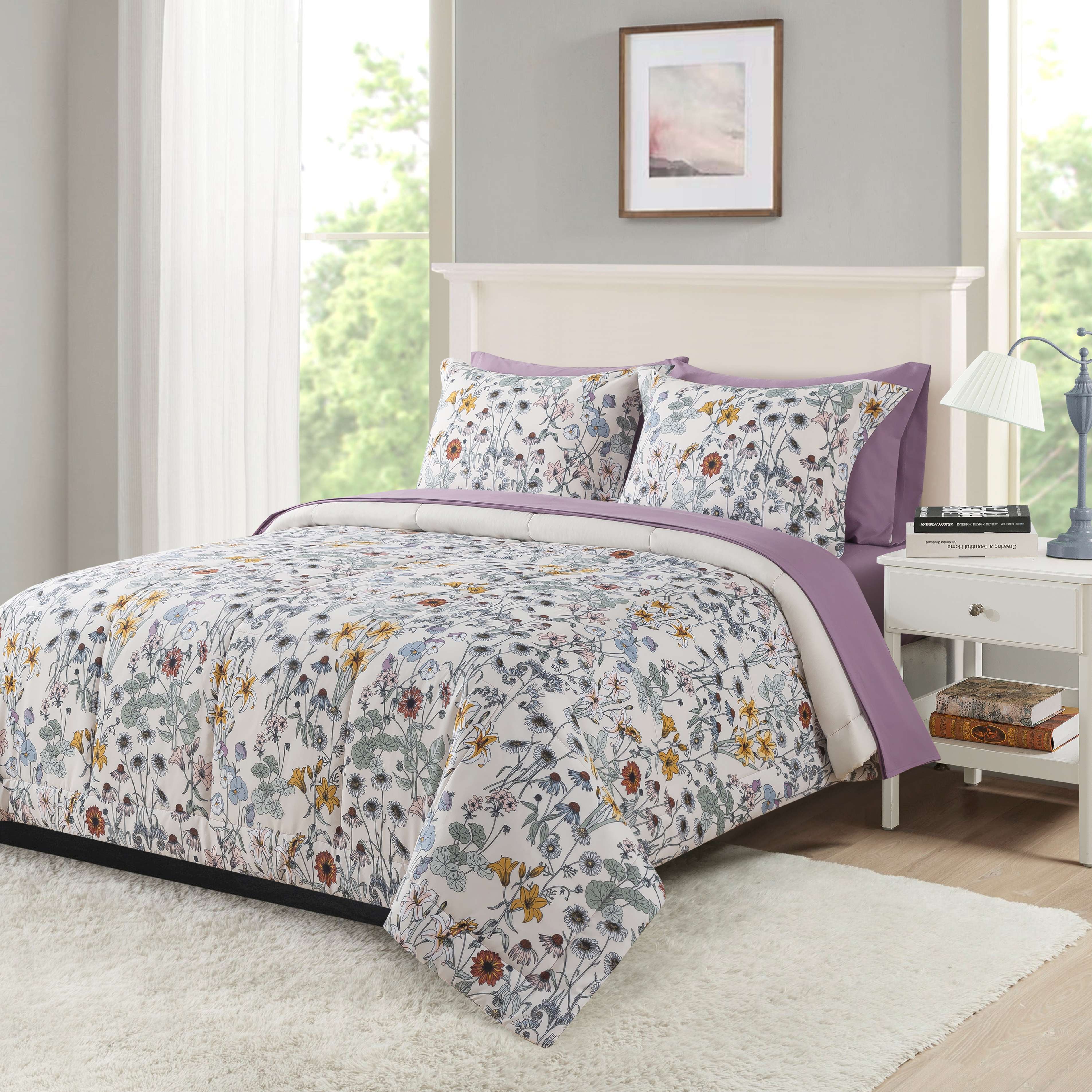 Mainstays All in One Reversible Comforter and Sheet set- 7 Piece, Full, White Multi Floral