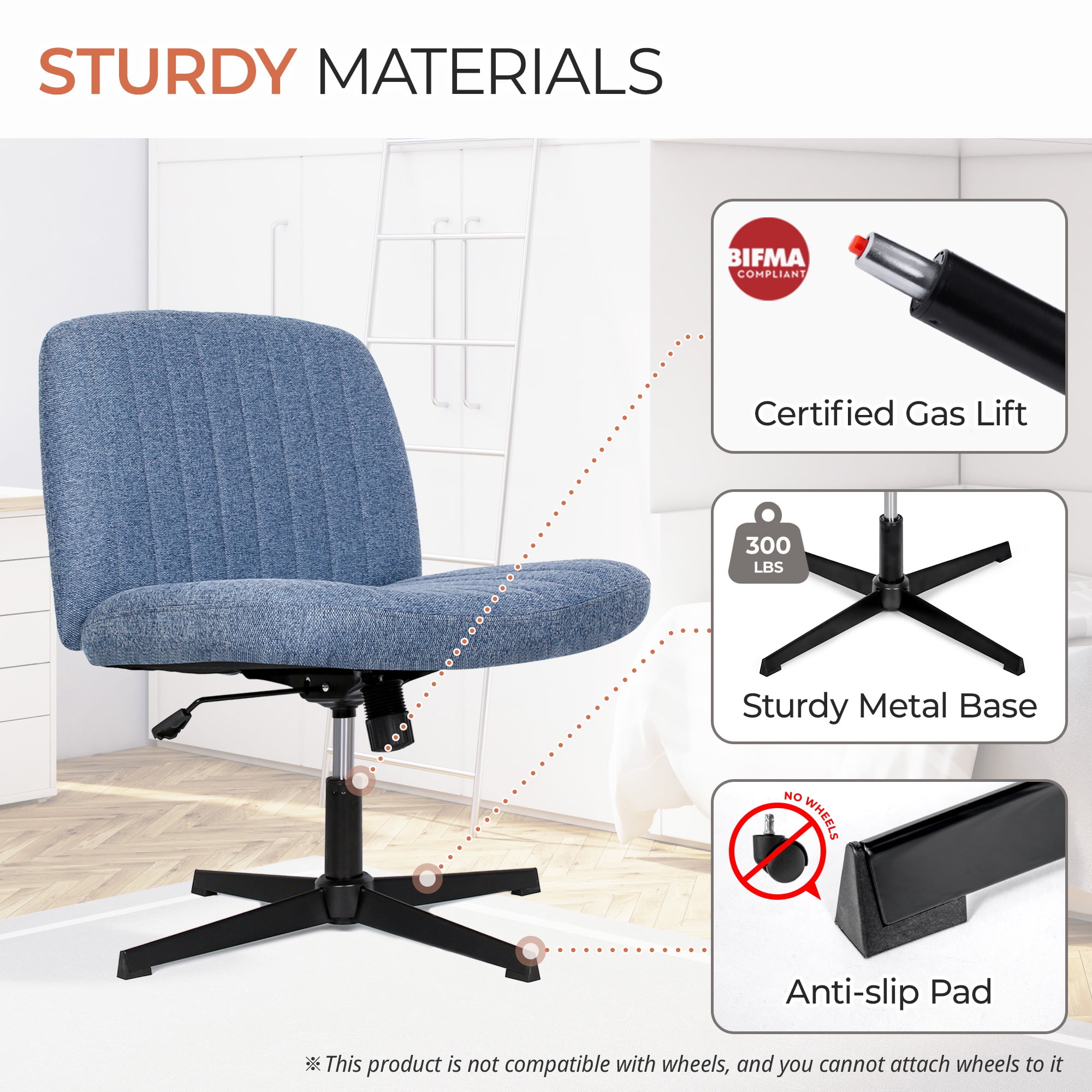 Orange Factory Criss Cross Chair No Wheel Wide Cross Legged Office Desk Vanity Chair Comfy Fabric Armless Adjustable Swivel for Home Computer Task (Blue No Wheel, Classic Fabric)