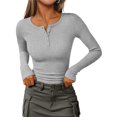 thumbnail image 3 of Women's Long Sleeve Shirts Henley Casual Fall Outfits Fitted Tops Ribbed Fashion Basic Tees Gray XL, 3 of 8