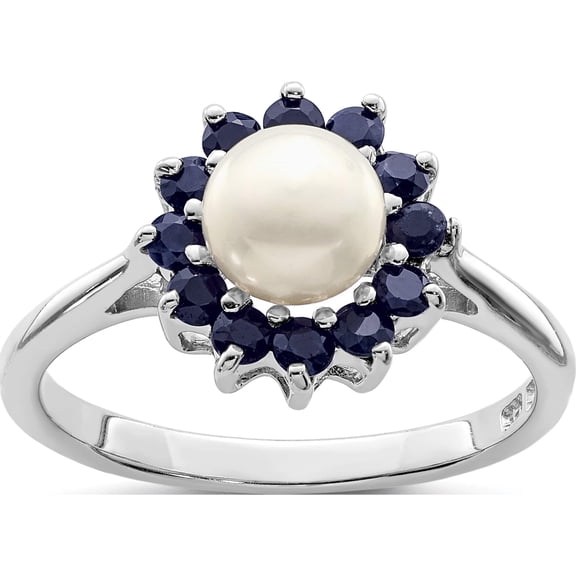 Sterling Silver Rhod 6mm Fw Cultured Button Pearl & Sapphire Ring (Size 6) Made In India qdx852-6