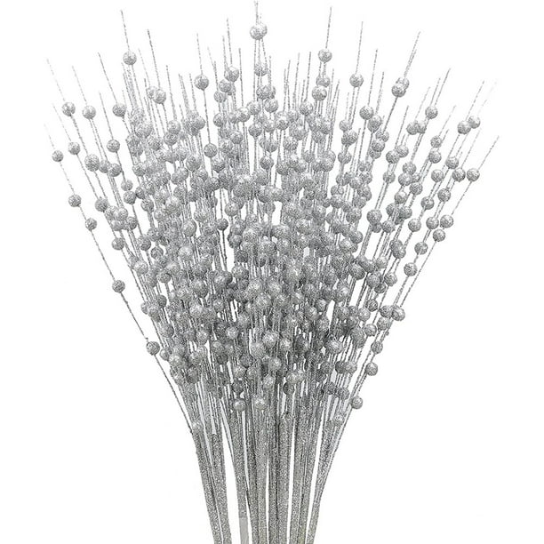 Silver Artificial Glitter Berry Stem Christmas Picks Decorations