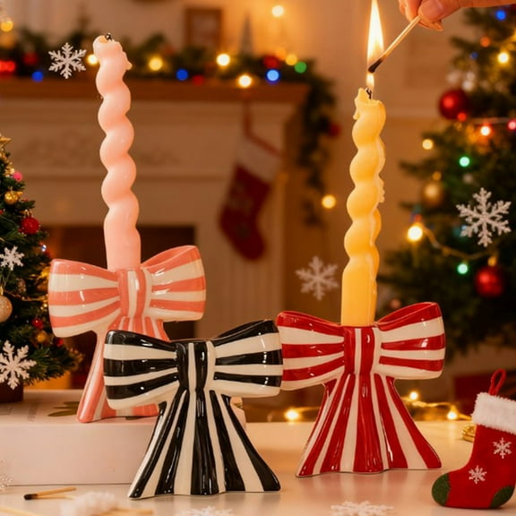 Christmas Bow Candlestick Base - Festive Ribbon-Accented Candle Holder, Durable Metal Design for Xmas Tabletop & Mantel, Holiday Decor for Home & Party, Romantic Candle Stand, 4.21*4.61in, Red