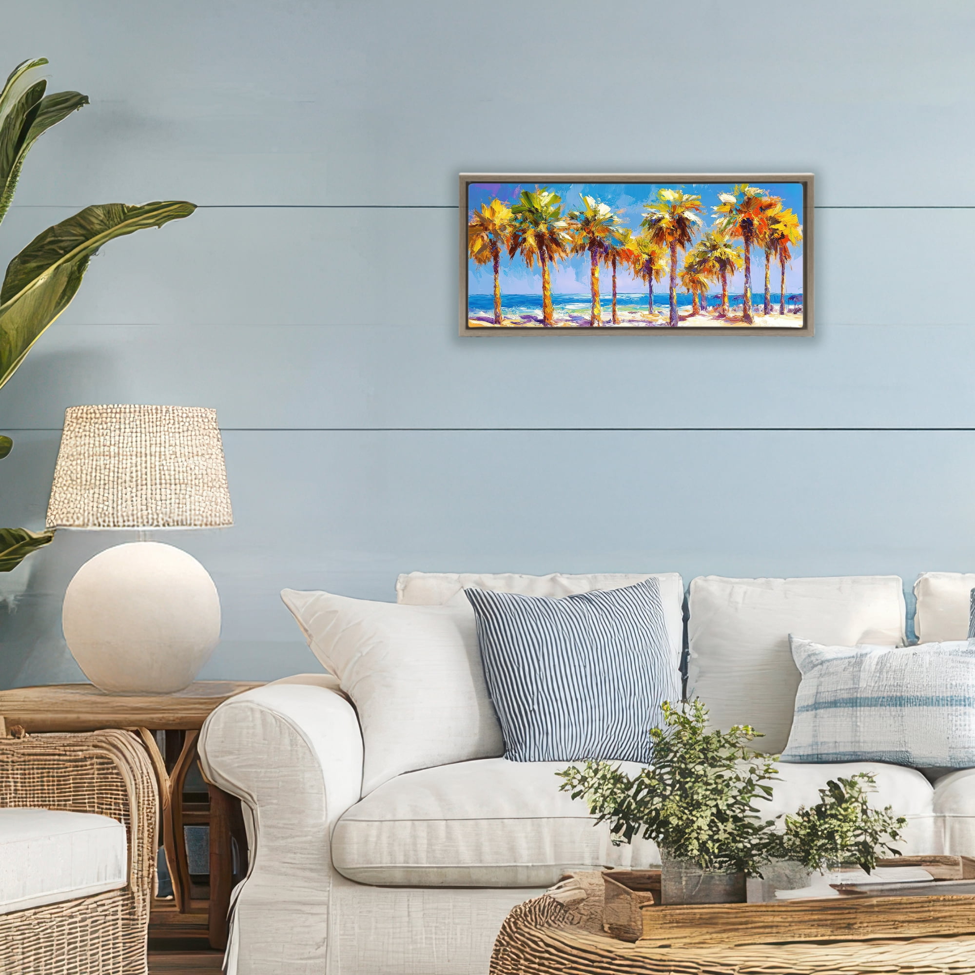 Stupell Industries Many Palm Trees on Beach Brown Framed Floater Canvas Wall Art, design by Petal Prints Design