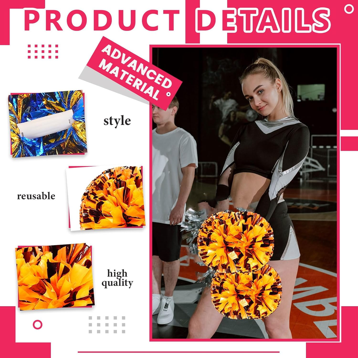 8 PCS Metallic Cheerleading Pom Pom for Team Spirit Sports Dance Cheering Kids Adults