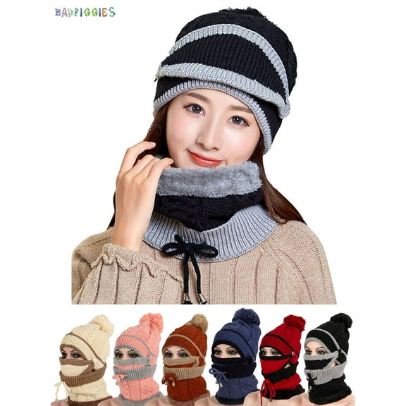 BadPiggies 3 in 1 Winter Knitted Beanie Hat Scarf Mask Set, Fleece Lined Face Neck Warmer Set for Women Girls Ski Caps with Pompom (Black)
