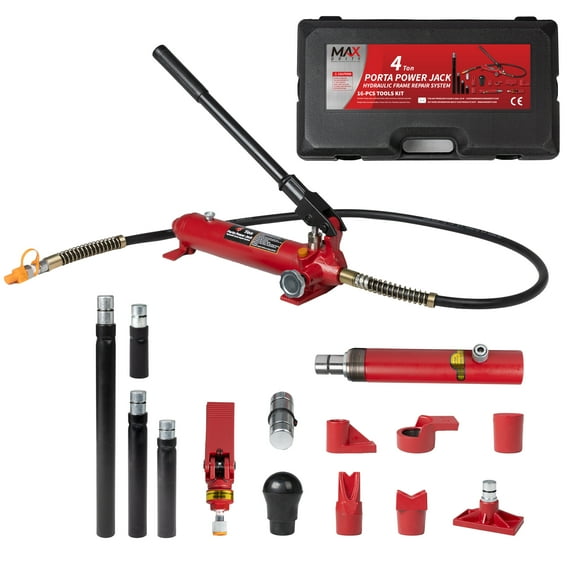 Maxority 4 Ton (8800 lbs Capacity) Porta Power Hydraulic Ram Auto Body Frame Collision Repair Kit Set, 16-Pcs, with Blow Mold Carrying Case