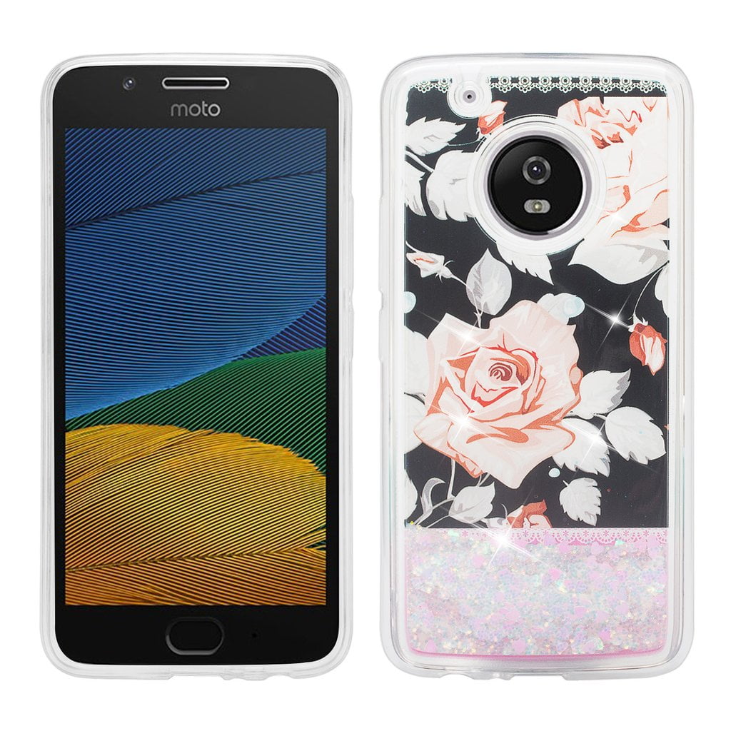 SPY Case for Motorola Moto G5 Plus Luxury Bling Liquid Glitter Case, Sparkle Quicksand Case for Moto G5 Plus - White Roses