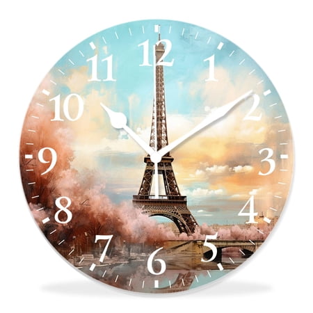 14 Inch Wall Clock Battery Operated Silent Clock Decorative for Office, Kitchen, Outdoor, Living Room,Sunset Eiffel Tower in Paris with Tree Branch in Vintage Style Elegant