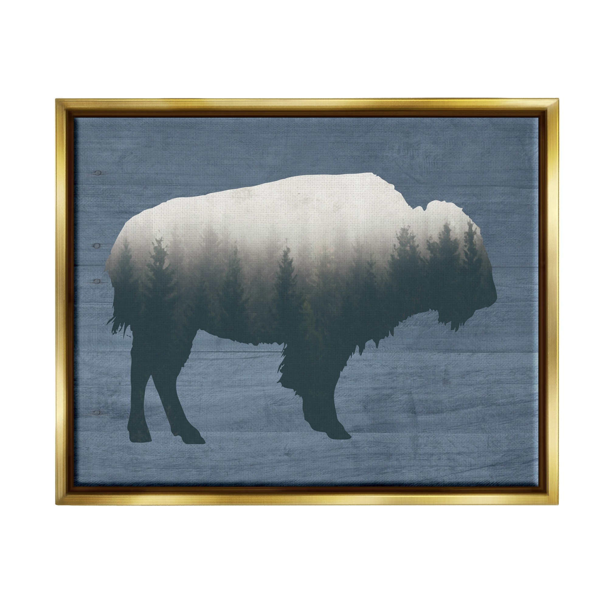 Stupell Industries Rustic Bison Shape Silhouette Forest Trees Pattern Graphic Art Metallic Gold Floating Framed Canvas Print Wall Art, Design by Lettered and Lined