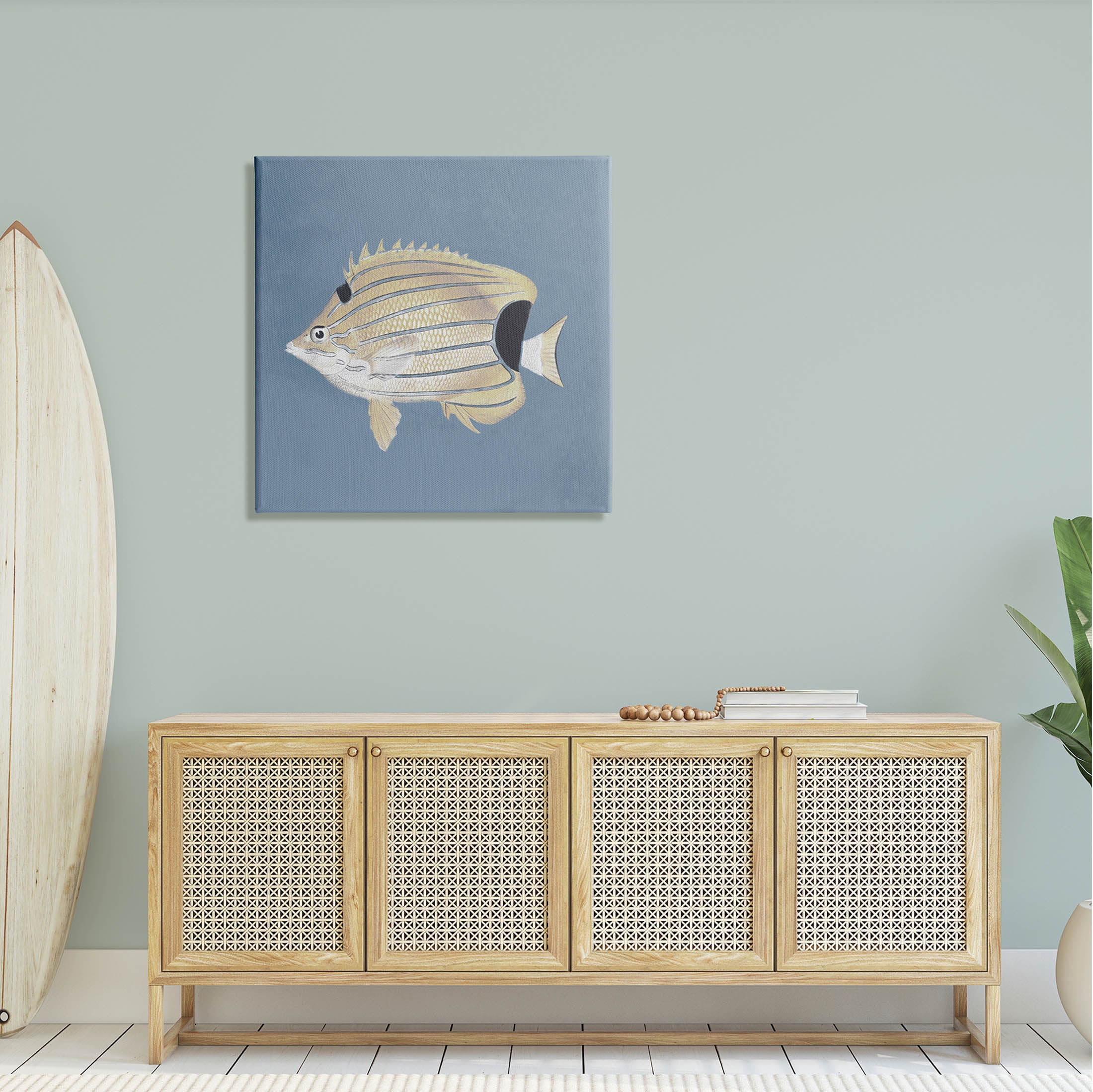 Striped Fish Portrait Blue Background Animals & Insects Graphic Art Gallery Wrapped Canvas Print Wall Art