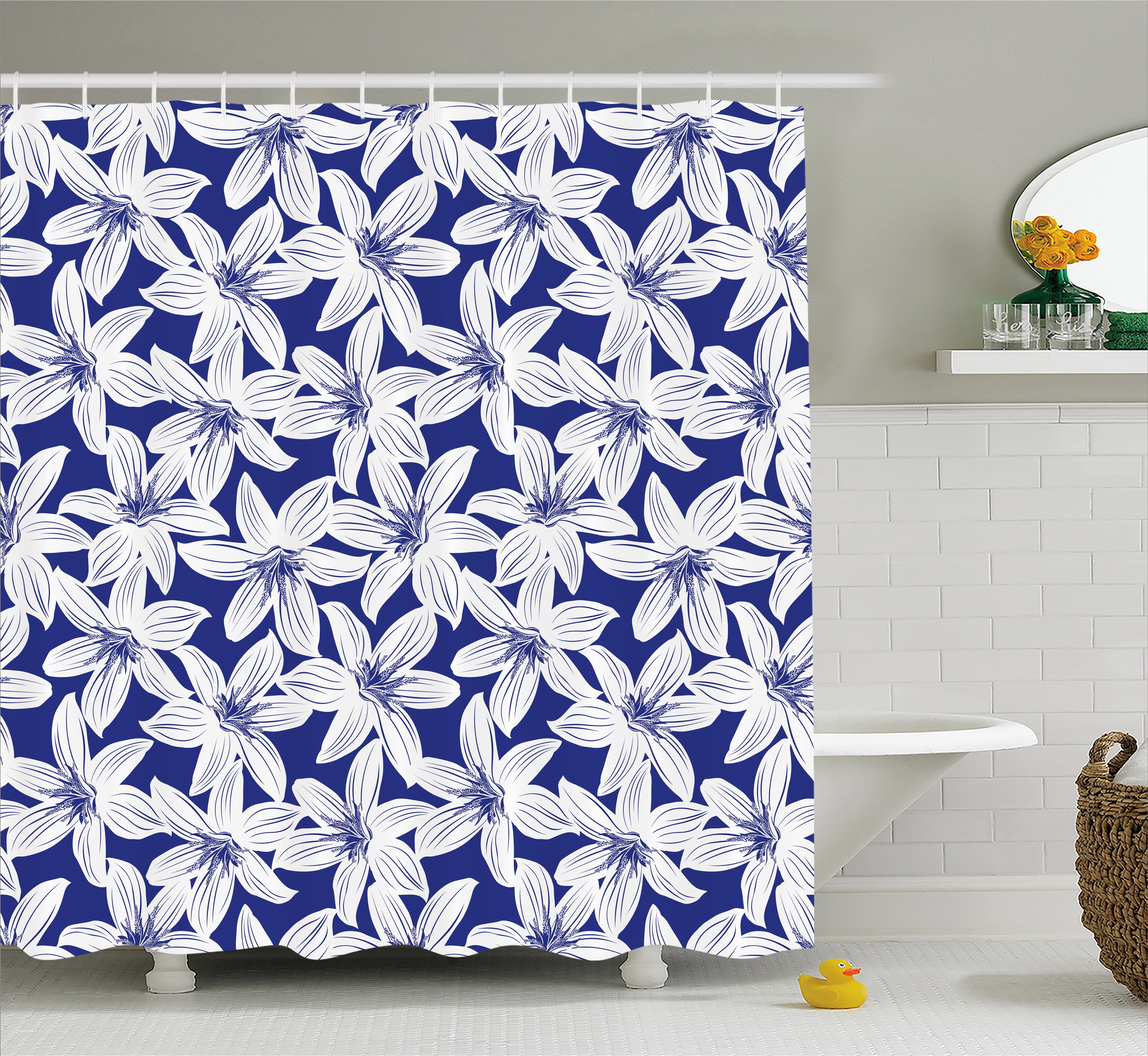 Navy Shower Curtain, Tropical Hibiscus Flower Petals Exotic Blossoms