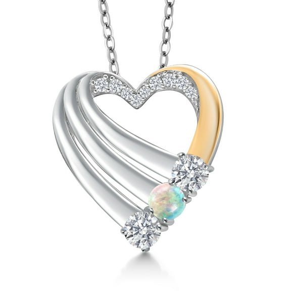 Gem Stone King 925 Silver and 10K Yellow Gold White Lab Grown Diamond and Simulated White Opal Heart Pendant for Women | 0.89 Cttw | Gemstone April Birthstone | With 18 inch Chain