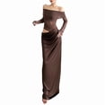 thumbnail image 3 of Women'S Mesh Off Shoulder Dress Elegant Sheer See Through Long Sleeve Ruched Bodycon Maxi Dresses Brown S, 3 of 9