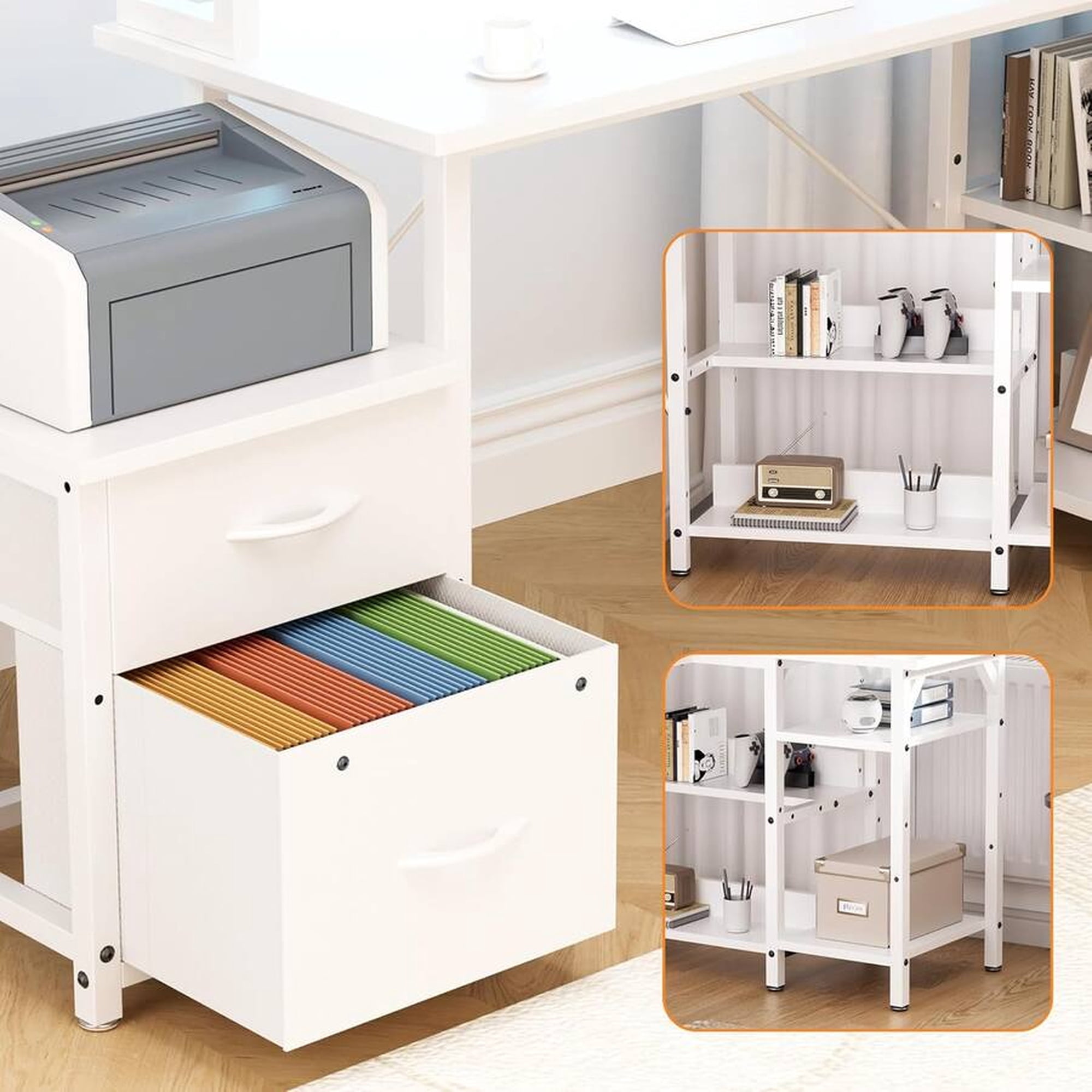 GTPLAYER L Shape Office Desk with File Drawers&Power Outlet, 69.3 Inch Reversible 2 Person Desk,Corner L Shape or Long Desk Set up,Monitor Stand &Storage Shelves, LED Lights &CPU Stand