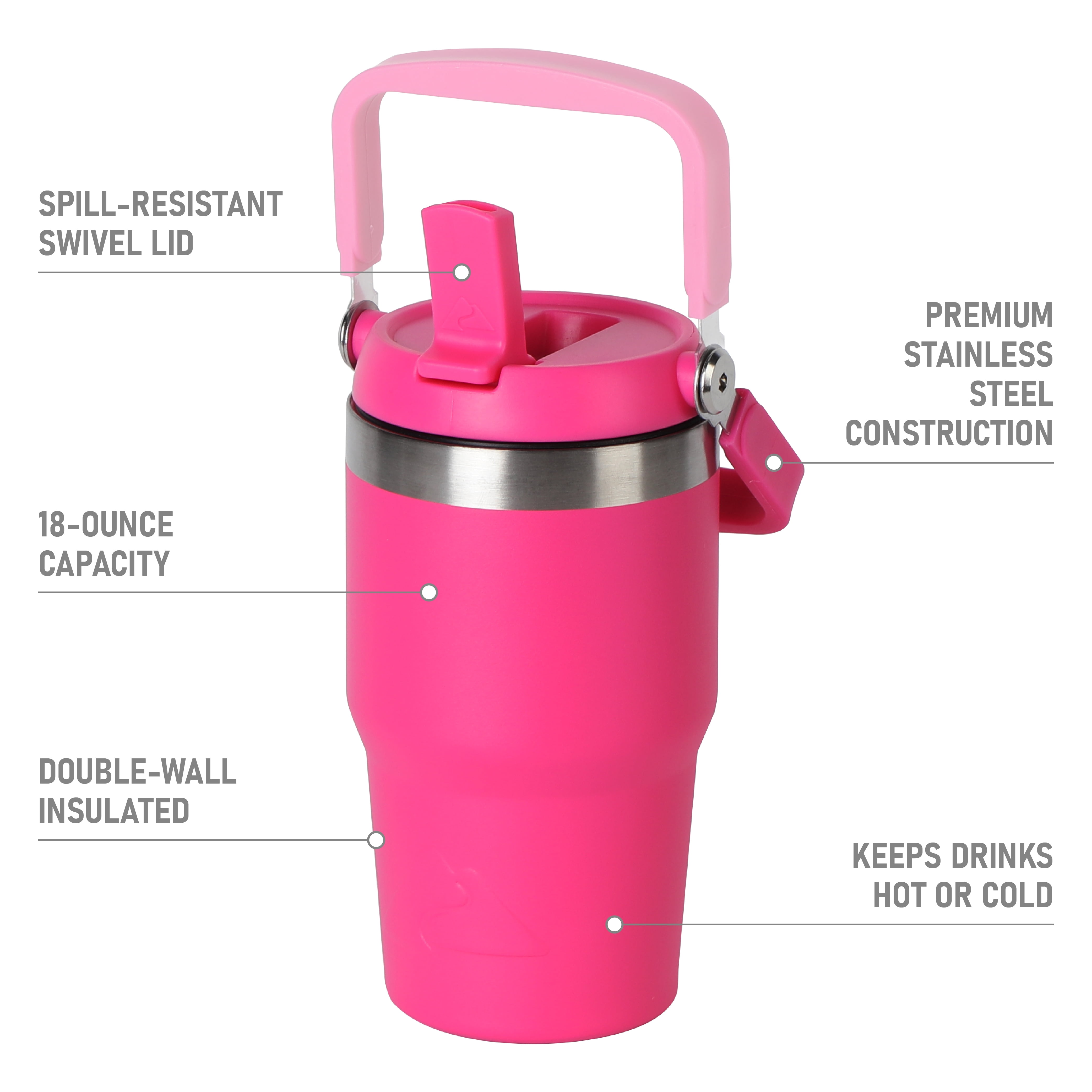 Ozark Trail 18 oz Insulated Stainless Steel Tumbler with Swivel Handle,Hot Pink