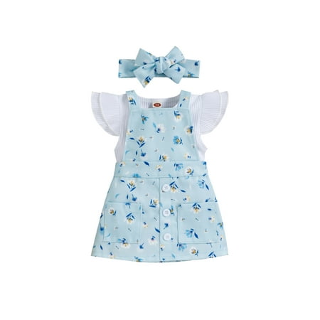 

3Pcs Baby Girls Cute Romper Outfit Round Collar Fly Sleeve Jumpsuit + Solid Color/Floral Printing Suspender Skirt + Bow Headwear