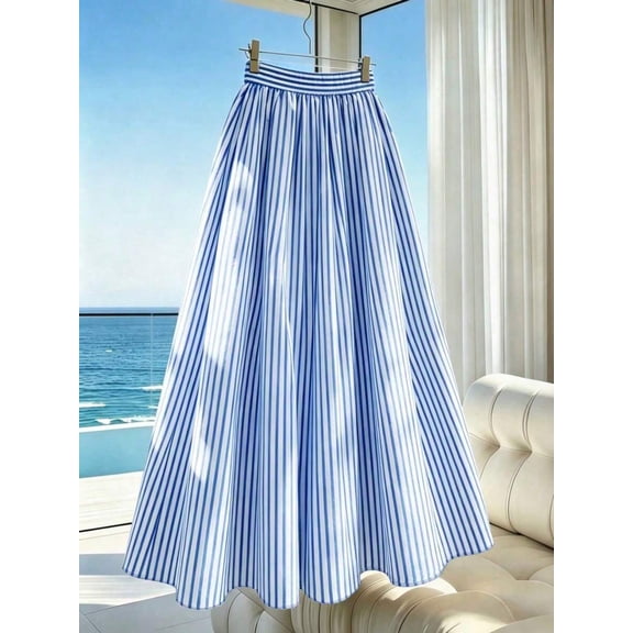 Multicolor 2 Womens Blue And White Striped Pleated Maxi Skirt Flowing A-Line Summer Vacation Skirt