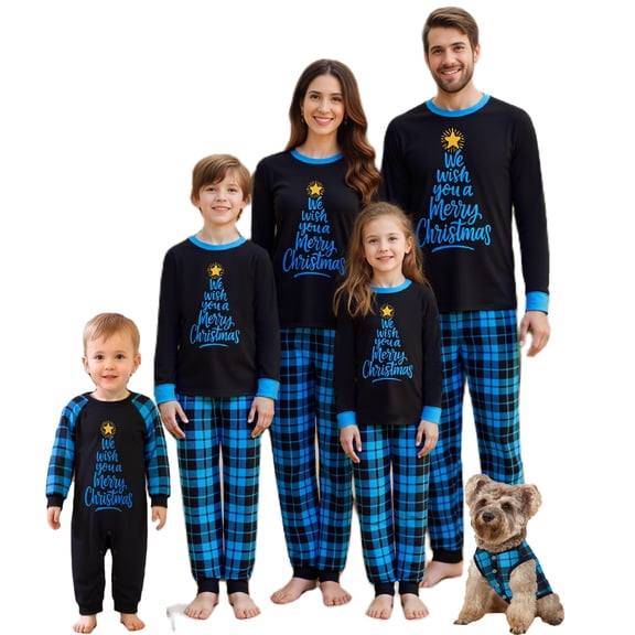 Family Matching Christmas Pajamas Set Blue Black Holiday Pajamas Sleepwear