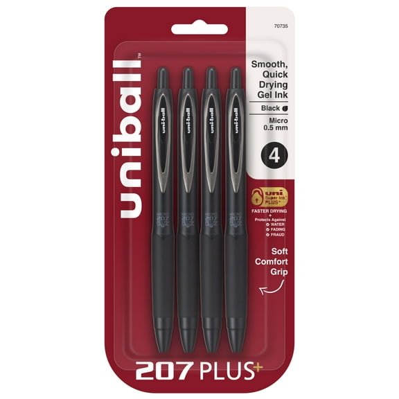 uniballâ„¢ 207 Plus Retractable Gel Pens, Micro Point (0.5mm), Black Barrel, Black Ink, 4 Pack
